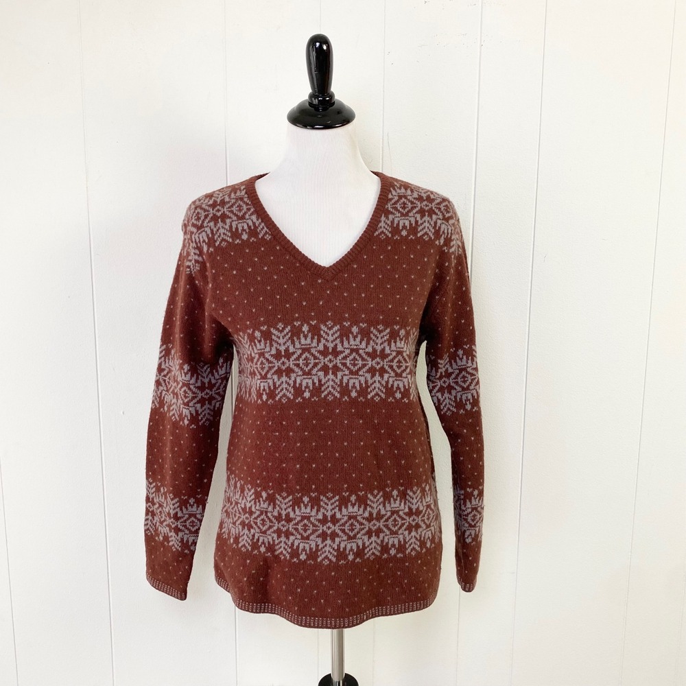 Jessi Lee Rust Brown Lambswool Fair Isle V-Neck Sweater Size Large